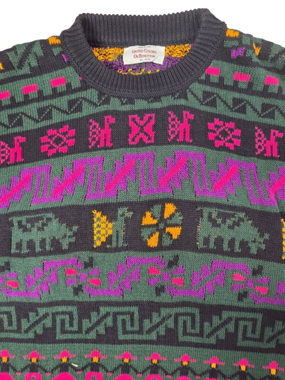 Vintage United Colors Of Benetton Graphic Sweater Made In Italy 100% Cotton, Med